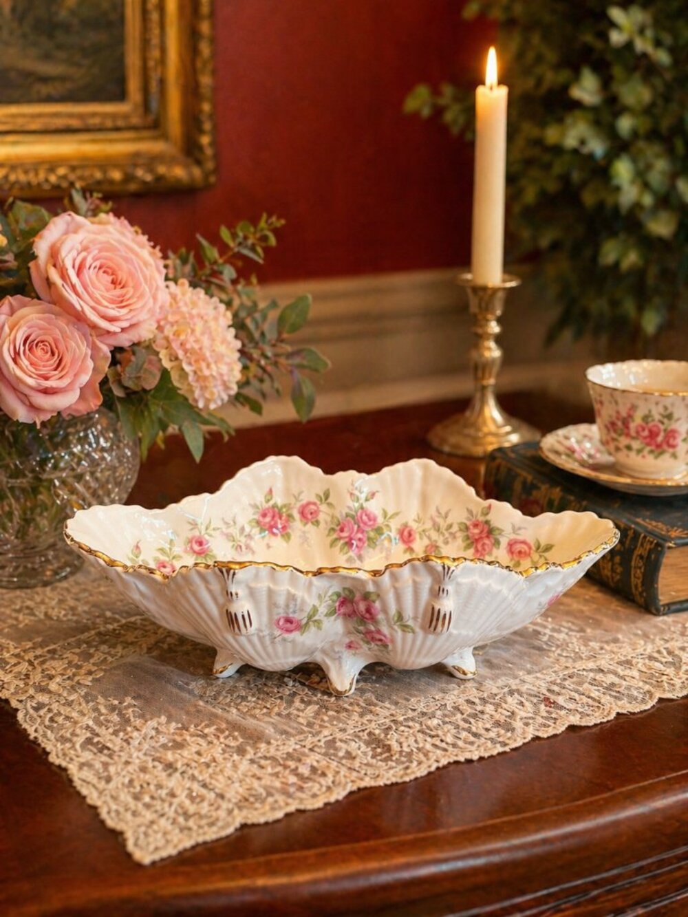 Aynsley Grotto Rose Footed Dish Fine Bone China England Scalloped Shell Bowl